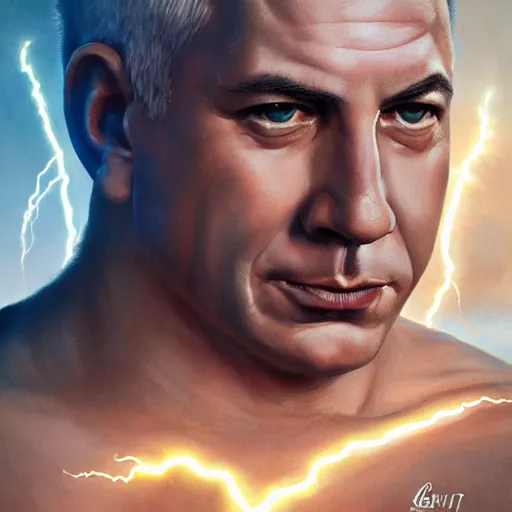 Image similar to benjamin netanyahu as the greek god of lightning, lightning bolts, highly detailed, ultra clear, by artgerm and greg rutkowski