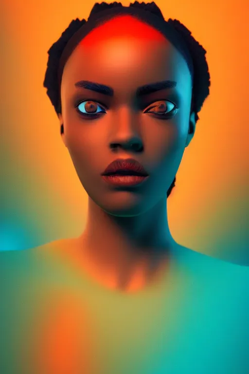 Image similar to insanely moody vaporwave portrait of a gorgeous african beauty, motion blurred background, teal and orange colors, vaporwave, photorealism, cinema still, photography, octane 3 d, vray render, insane details, 8 k high definition, artstation