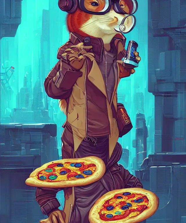 Image similar to a portrait of an anthropomorphic cyberpunk chipmunk holding a pizza, cyberpunk!, fantasy, elegant, digital painting, artstation, concept art, matte, sharp focus, illustration, art by josan gonzalez