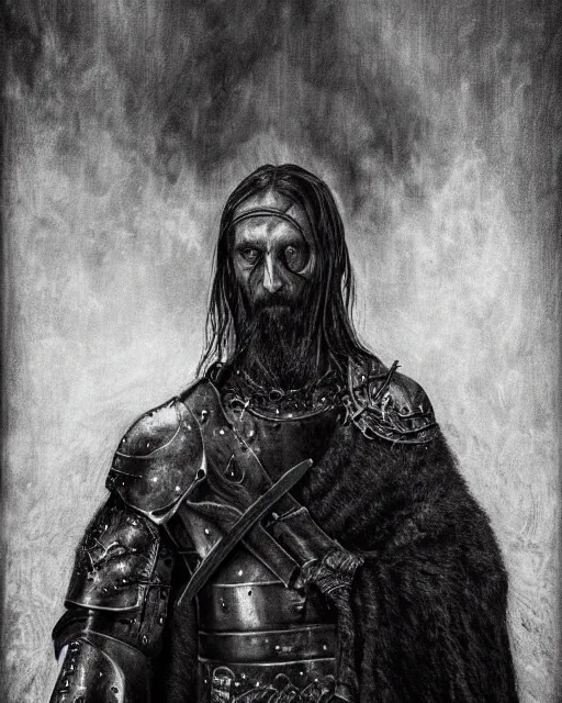 Image similar to realistic HD high detail portrait of !Kristian Elvind Espedal! aka !Gaahl! portrayed as a fearsome High Medieval High Fantasy blackguard. face and body. clad in black steel plate armour. wielding a two-handed battle-axe.