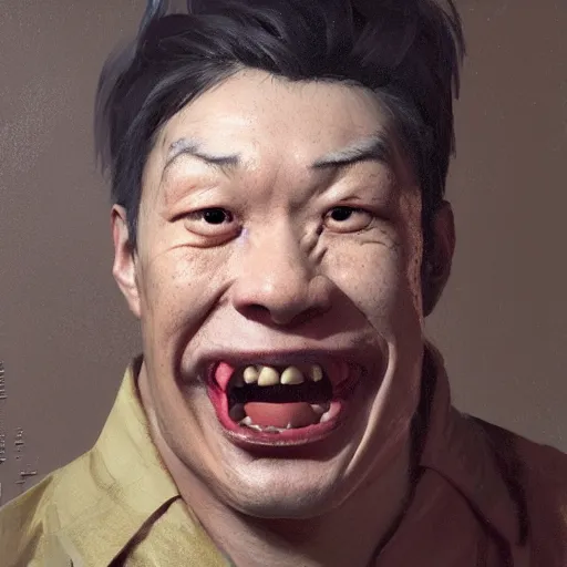 Prompt: scary portrait of an asian man dressed as a chicken, the chicken man, highly detailed painting by sergey kolesov, 8 k