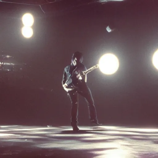 Image similar to dusty Trent Reznor smashing guitars, group of people on stage playing instruments, elaborate stage effects, dust, smoke, giant LED screens, colored projections, ultrafine detail, goth cybersuit, glowing thin wires, smoke, high contrast, projections, a screenshot by David Gilmour Blythe, holography, tesseract, volumetric lighting, anamorphic lens flare