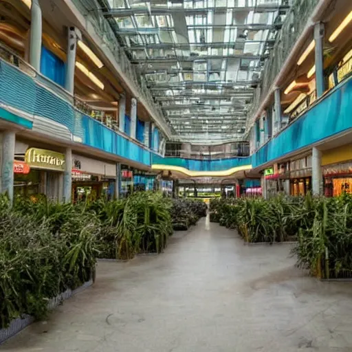 Prompt: lush forest fills a liminal abandoned mall