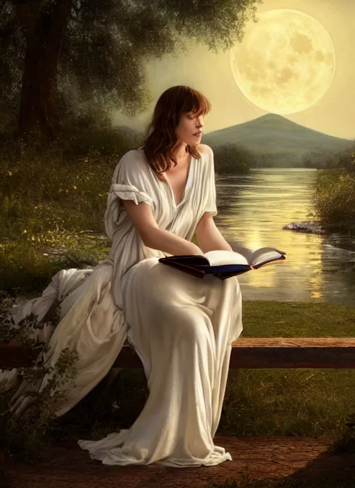 Image similar to milla jovovich in white nightgown reading a book by a river, full moon in a dark starry sky, golden orbs and fireflies, illustration, dramatic lighting, soft details, painting oil on canvas, art nouveau, octane render, 8 k, by edmund blair leighton, brom, charlie bowater, trending on artstation