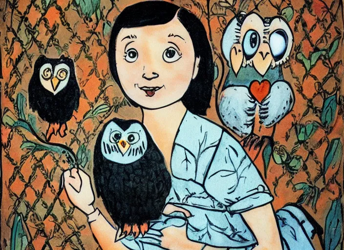 Prompt: little girl with short black hair holding an owl, masterpiece by mario miranda