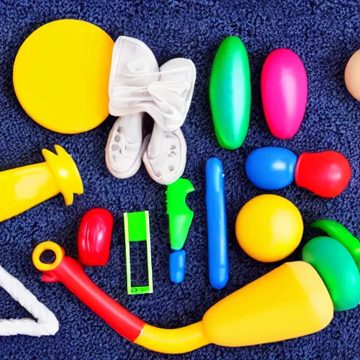 Prompt: photograph of various kid toys on the carpet, hyperrealism, photo realistic