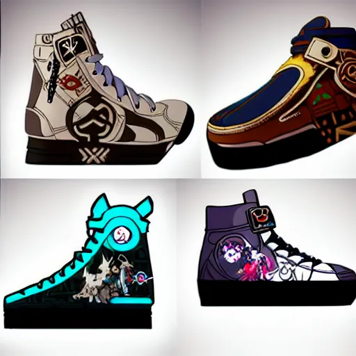 Image similar to fantasy anime jrpg sneaker design designed by studio ghibli, chrono trigger guilty gear style, aztec mayan street fashion native punk sneaker design, hip hop sneaker design with subtle mayan patterns, gapmoe yandere grimdark, trending on pixiv fanbox, painted by greg rutkowski makoto shinkai takashi takeuchi studio ghibli, akihiko yoshida