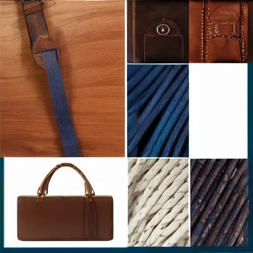 Prompt: mood board, materialboard, ipe grain wood square, hot - rolled steel, cream tooth fabric, dark brown tooled leather satchel, white marine rope, bright dark blue divet