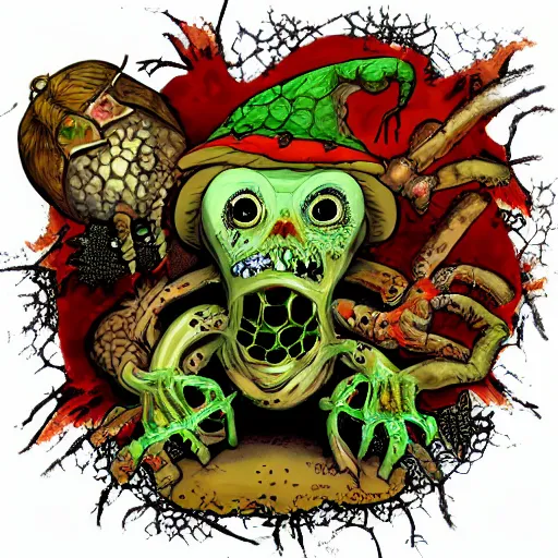 Image similar to zombie witch doctor, toad sweat, puffer fish, datura plant, bone powder, scorpion, black widow spider, by Margaret Brundage. k_euler_ancestral