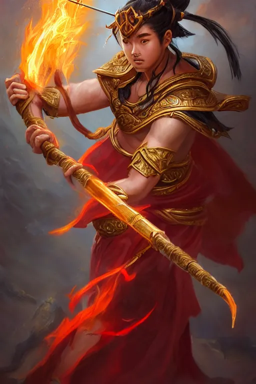 Image similar to a masterpiece portrait of nezha, legendary god holding spear, boy, flame everywhere, epic pose, fantasy character portrait, closeup shot, hyper detailed, digital painting, 8 k realistic, trending on artstation, sharp focus, dof, by fenghua zhong, artgerm, ne zha from smite, jeff easley, raymond swanland