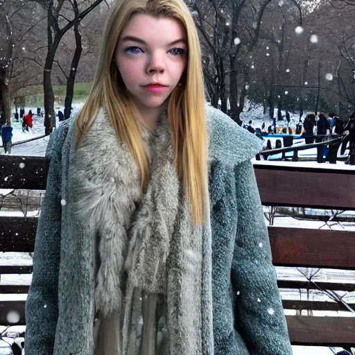 Image similar to anya taylor joy in central park at winter, ultra detailed, ultra realistic, photorealistic dynamic light, fan photo