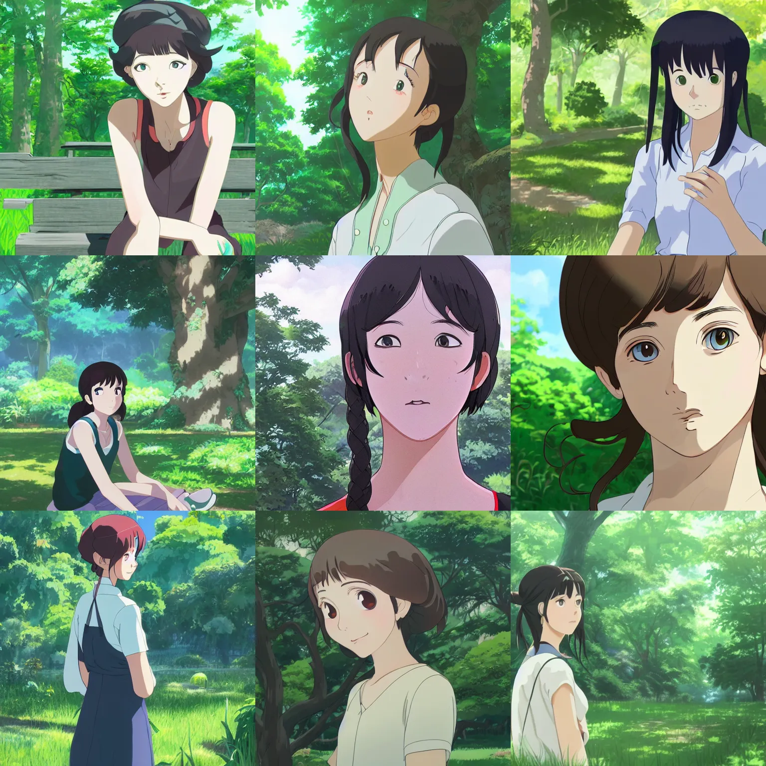 Prompt: Character portrait of a young woman in a lush park, simple facial features, pronounced eyes, highly detailed, cel shading, Studio Ghibli still, by Makoto Shinkai and Murata Range