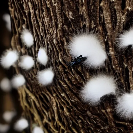 Prompt: bioluminescent white furry fungus growing on a dead tree, photorealistic, fungal, magic,