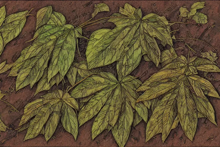 Image similar to high resolution scan of the leaves of an old cursed herbarium, by akira toriyama, by john howe, infographic, textbook, marginalia