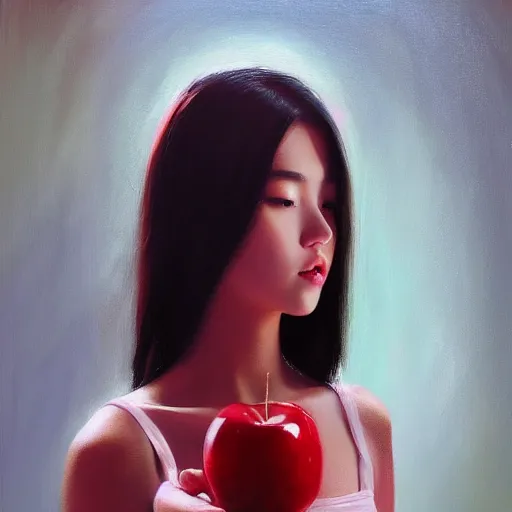 Image similar to oil painting by ilya kuvshinov,, baugh casey, rhads, coby whitmore, of a youthful japanese beauty, long hair, holding candied apple, outdoors, highly detailed, breathtaking face, studio photography, dawn, intense subsurface scattering, blush, supple look, innocence, intense sunlight