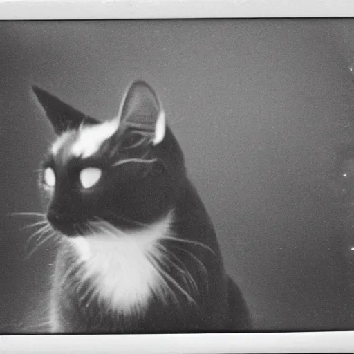 Image similar to black cat in a rollercoaster. the cat is looking excited. polaroid. sepia.