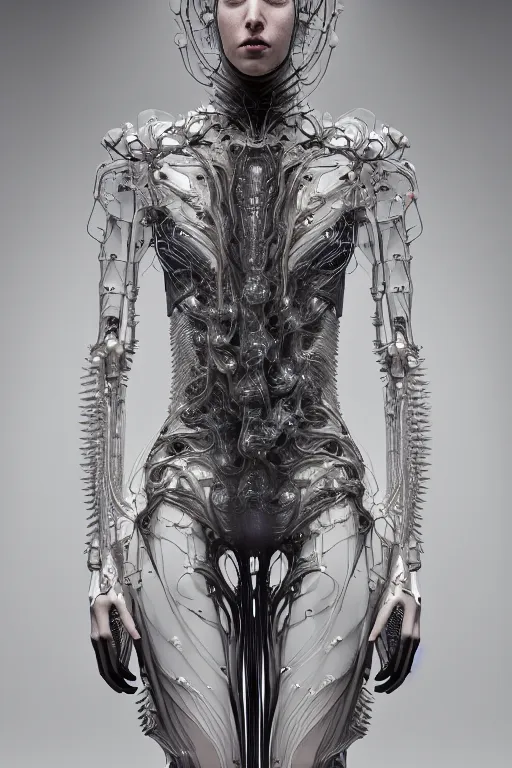 Prompt: iris van herpen baroque, perfect symmetrical body, helmet on face, full body shot, inflateble shapes, wires, tubes, veins, jellyfish, white biomechanical details, wearing epic bionic cyborg implants, masterpiece, intricate, biopunk, vogue, highly detailed, artstation, concept art, cyberpunk, octane render