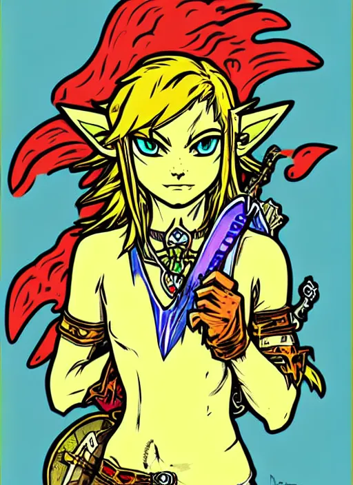 Prompt: fierce diety link from legend of zelda majoras mask!! portrait illustration, pop art, splash painting, art by geof darrow, ashley wood, alphonse mucha, makoto shinkai