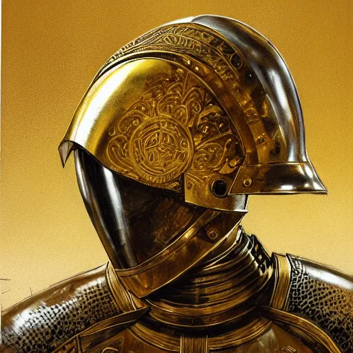 Prompt: portrait of a knight with helmet off, gold armor with intricate engraving, by craig mullins.