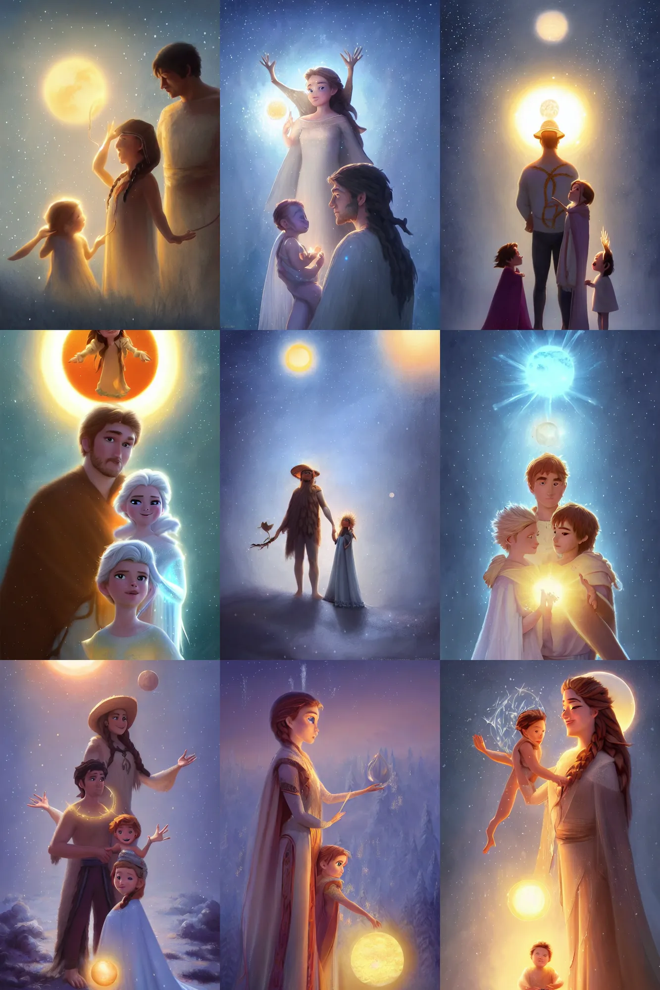 Prompt: a cinematic portrait of a beautiful family photograph close up moment of a young sun god and moon goddess magician family with child, portrait, wearing sunhat with string lights, Frozen Klaus film, digital painting, artstation, concept art, illustration, Frozen II art masterpiece by Stephen Bliss, unreal engine, fantasy art by Greg Rutkowski, Loish, Rhads, Makoto Shinkai and Lois van baarle, ilya kuvshinov, rossdraws, Tom Bagshaw, global illumination, radiant light, detailed and intricate environment