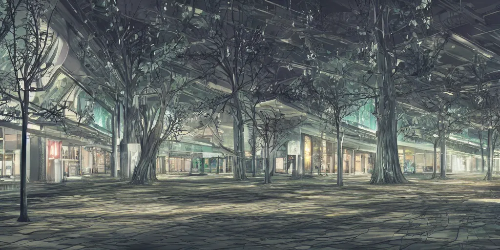 Prompt: abandoned mall at night, some decorative trees in the middle, subtle wear - and - tear, anime!, award - winning digital art