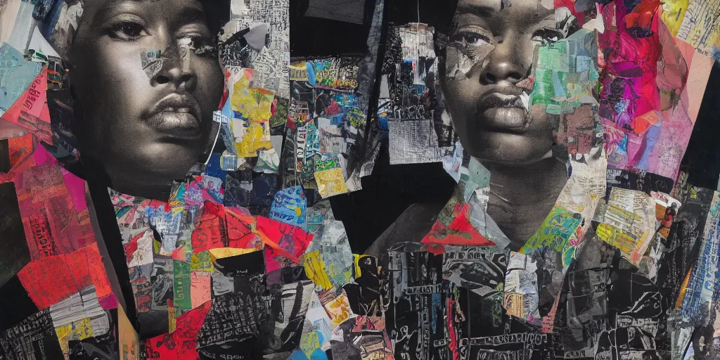 Prompt: 9 0 s hip - hop fashion, collage paper and tape, acrylic on canvas and hyperrealism mixed with collage, high resolution, cinematic, unreal 6, breathtaking detailed, by peter bankov