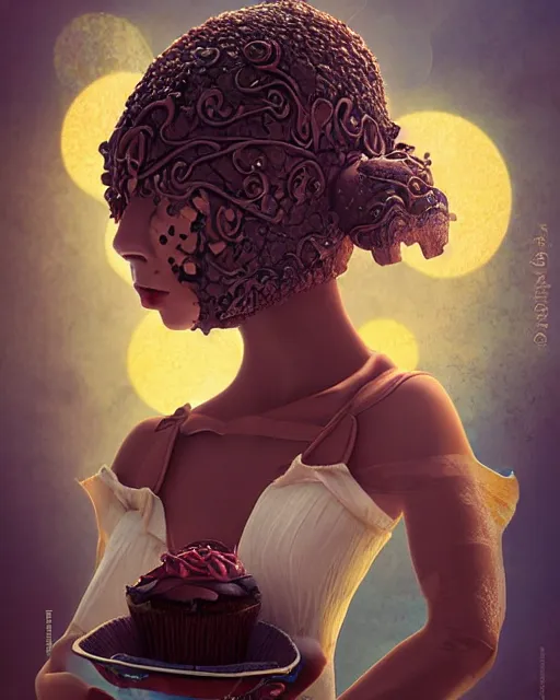 Image similar to a girl as personification pf chocolate cupcake, fantasy bakery, digital art by krenz kushart, wlop, laurie greasly, intricate details, global illumination, smooth, epic composition