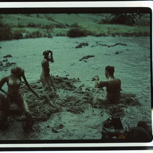 Prompt: film still, close up, emma watson rising out of muddy vietnam river, face covered in mud, low camera angle at water level, night time, film still from apocalypse now ( 1 9 7 9 ), 2 6 mm polaroid polaroid polaroid polaroid polaroid expired expired expired,
