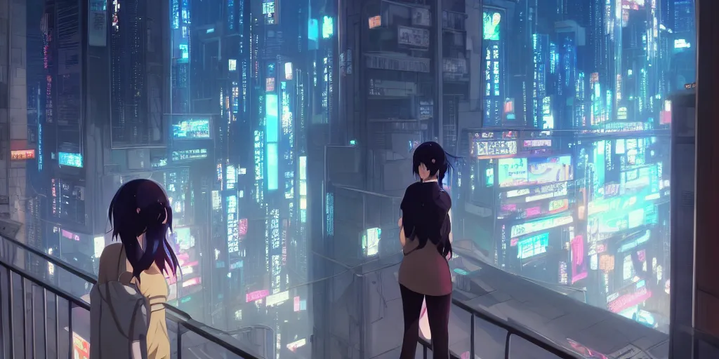 Image similar to beautiful anime painting of a woman looking out of the balcony to the cyberpunk city, by makoto shinkai, kimi no na wa, artstation, atmospheric.