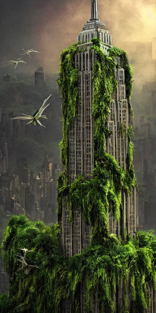 Prompt: an epic view of vines and moss growing on the empire state building, moss, jungle, with pterosaurs flying, close - up, low angle, wide angle, atmospheric, volumetric lighting, cinematic, 8 k hg, ray tracing, octane render, unreal engine, photorealistic, sharp, highly detailed digital art, movie concept art, painted by tyler edlin
