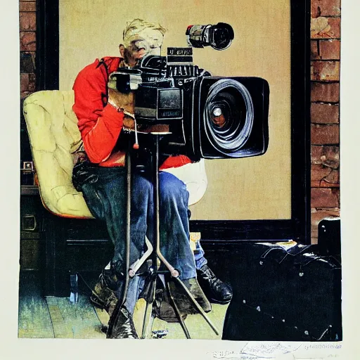 Image similar to norman rockwell painting of a television crew member holding a large television - video - camera