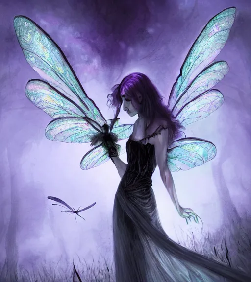 Image similar to gothic fairy with dragonfly wings, digital painting, liminal eerie midnight backlit, a picture taken by Michael Komarck