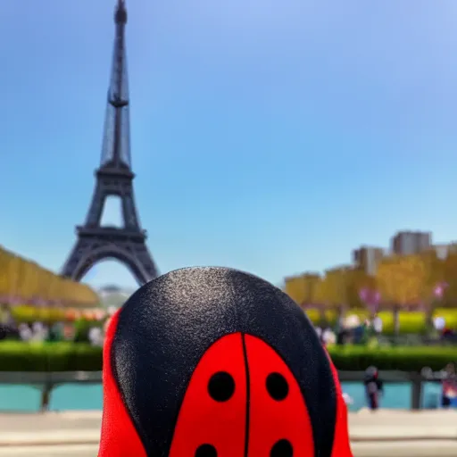 Image similar to Superhero Ladybug from Disney posing in front of the Eiffel tower in front of a blue sky on a sunny day, dynamic camera angle