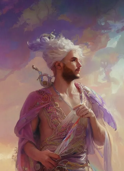 Prompt: a beautiful detailed painting of a gypsy male bard in colorful rainbow firion ornate robes robes, pale skin, white hair, master of dreams art by jon foster trending on artstation painted by greg rutkowski, painted by peter mohrbacher