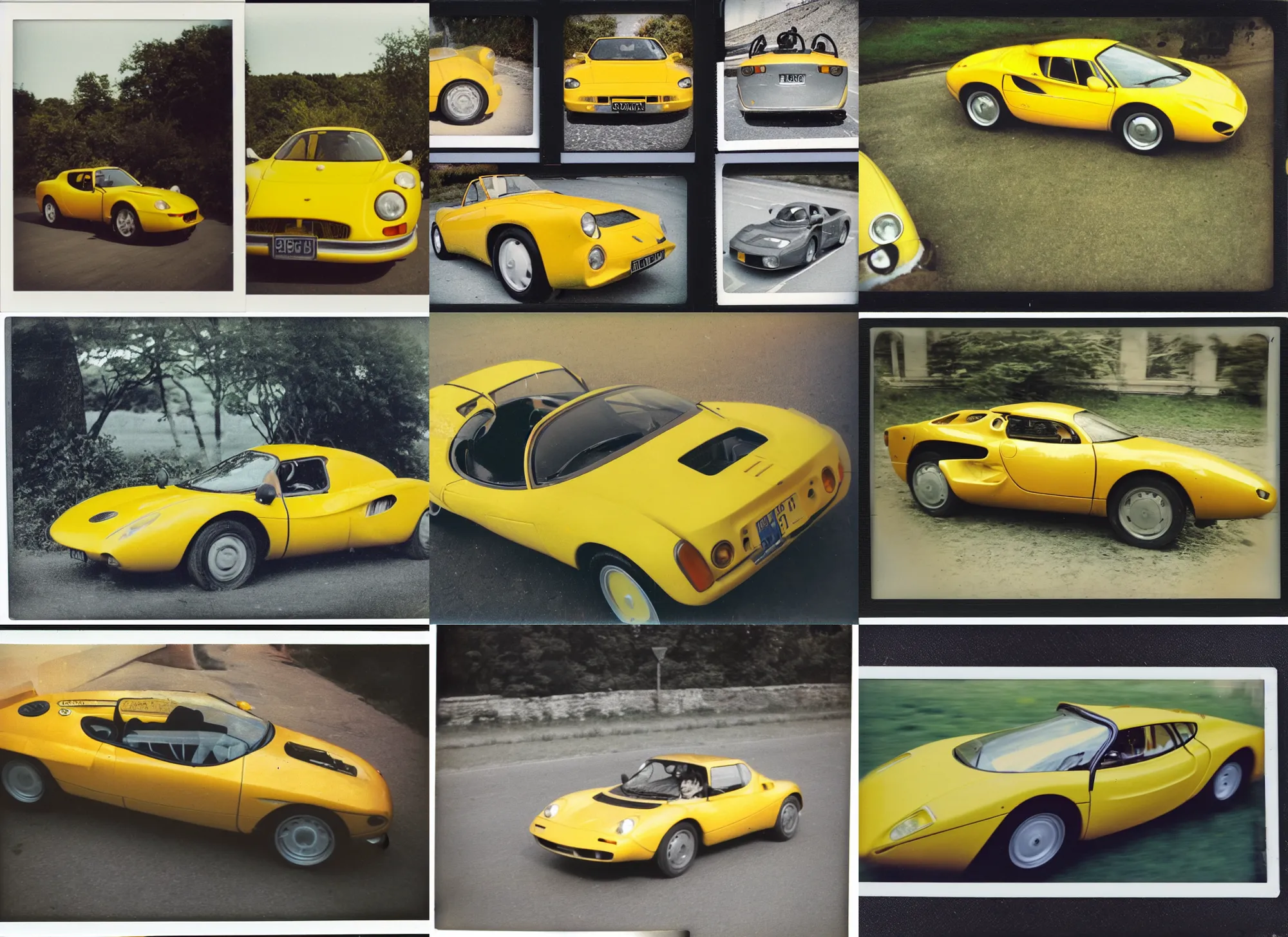 Prompt: old polaroid shots of a yellow lotus car