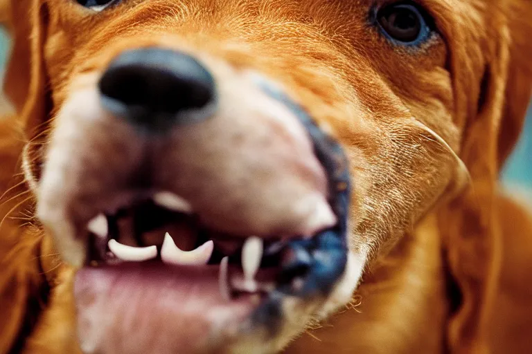 Prompt: closeup potrait of orange dog with bulgy eyes, licking its own nose, photograph, natural light, sharp, detailed face, magazine, press, photo, Steve McCurry, David Lazar, Canon, Nikon, focus