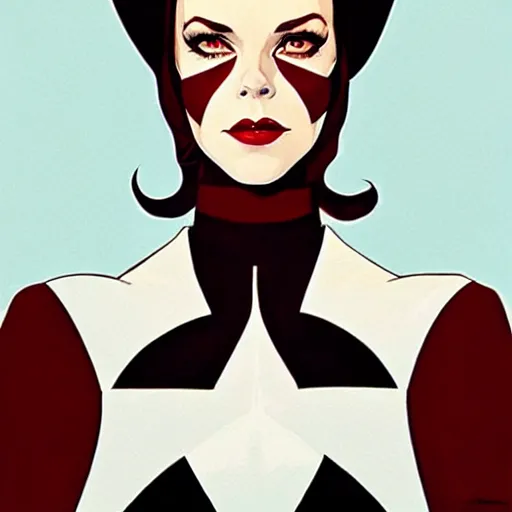 Image similar to Joshua Middleton comic art, wide shot, stunning elegant female Natalie Wood, white mask, beautiful evil sneer, symmetrical face, symmetrical eyes, leather clothing and boots, long straight red hair, full body, Indigo occult pattern