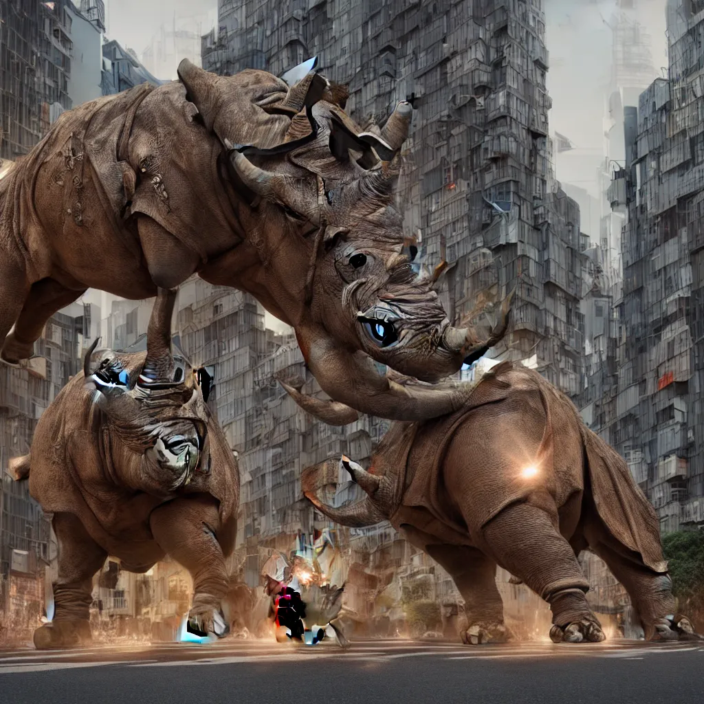 Prompt: photograph of a mechanical rhinoceros charging down a city street in Tokyo, ornamental,photorealistic, elaborate, highly detailed, ornate, shiny, dramatic lighting, octane render, style by John Salt,