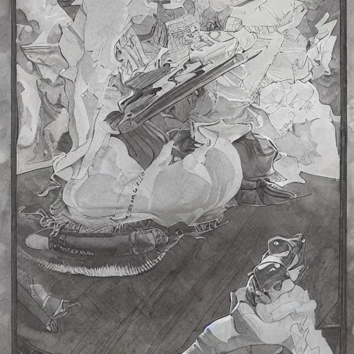 Image similar to mario stomping on a goomba, line art black and white, art by artgerm and greg rutkowski and alphonse mucha