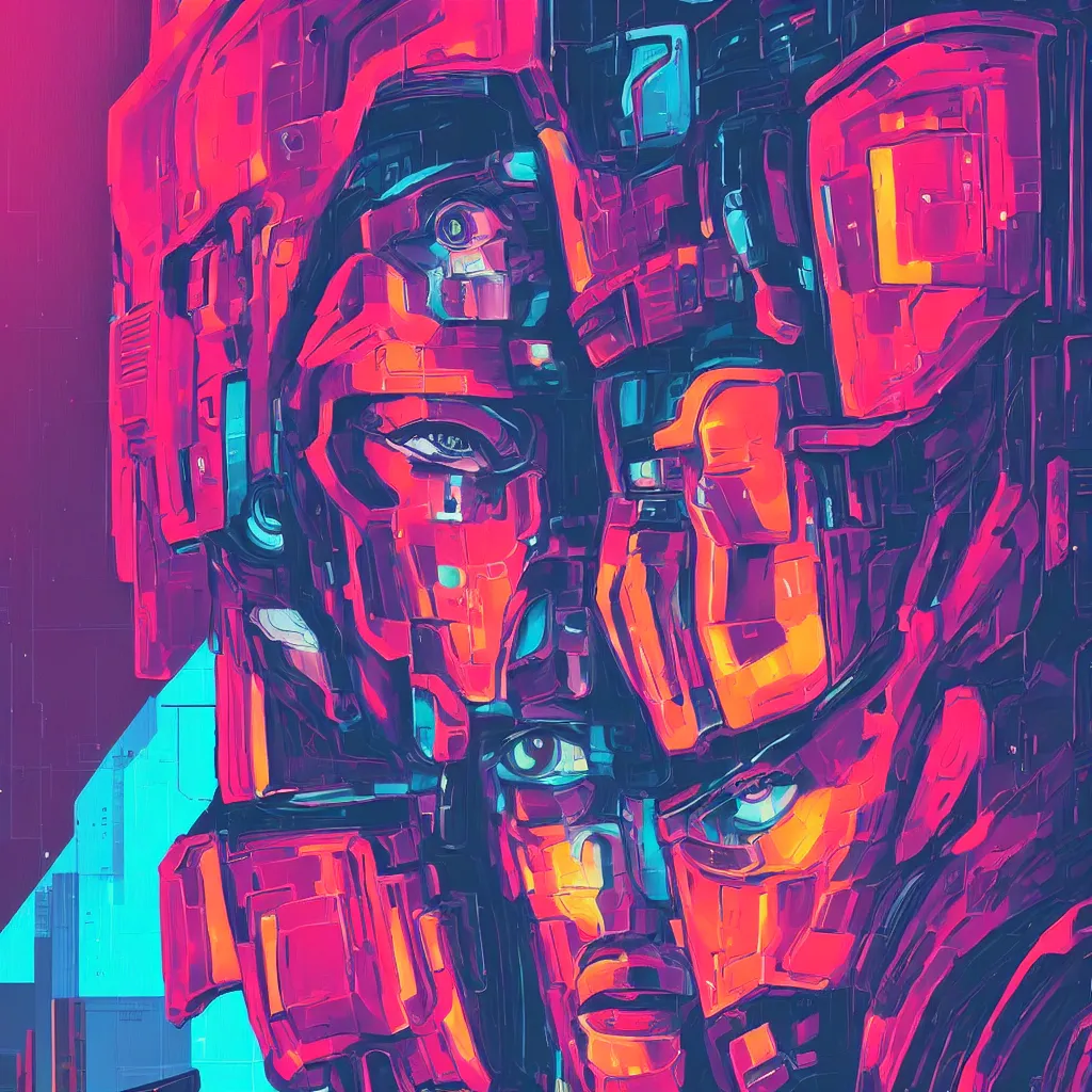 Image similar to a graph - style gouache impasto huge robot head in front of her, cyberpunk art by by james gilleard, cgsociety, retrofuturism, synthwave, retrowave, outrun