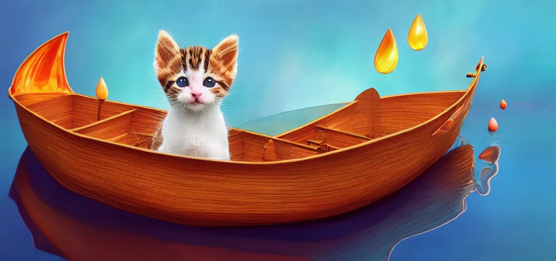 Image similar to a kitten in a boat, translucent and hyperrealistic and ultra - detailed in the style of roger dean and wlop, bloom, glow, reflection, refraction, matte, glossy, smooth, emissive material