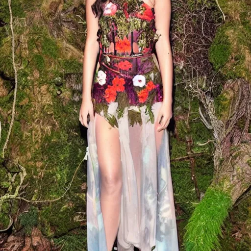 Image similar to selena gomez as a forest dryad wearing floral 2 0 1 4 valentino ss resort in a mystical jungle, high - tech atlantean scifi ruins covered in moss