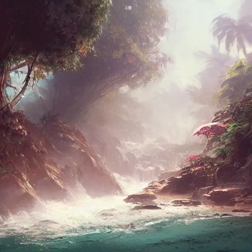 Image similar to a mystic sea in the jungle, there are many ancient crabs, by greg rutkowski, trending on art station