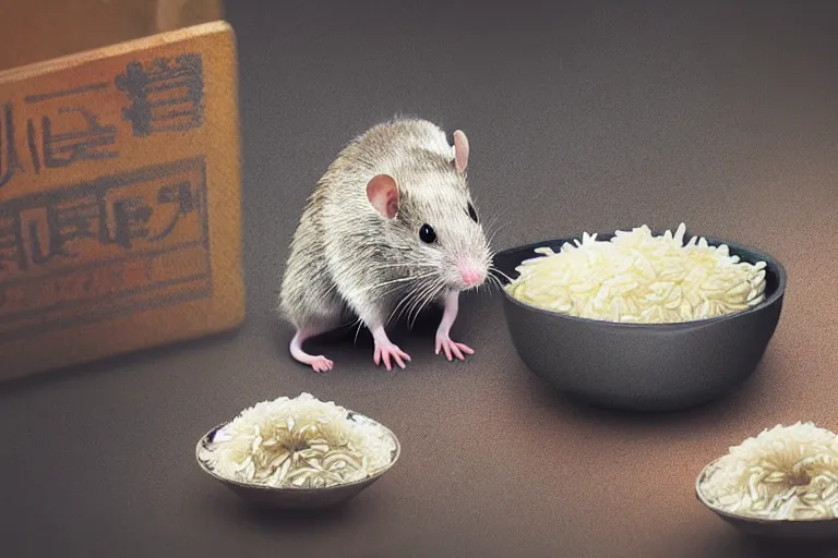 Image similar to a rat in a bowl with a few rice grains and broken chinese chopsticks, on a dirty table in poor apartments, dark atmosphere, digital art, very realistic