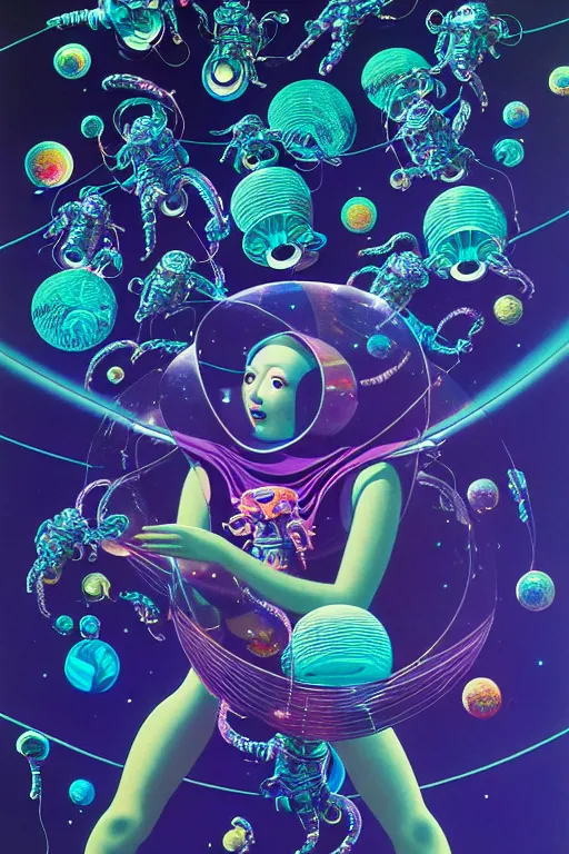 Prompt: render of crenelated chrome space - suits protect the jovial jellyfish princess from certain doom as the planet they orbit sends elastic aerochrome nets attack them, tristan eaton, victo ngai, maxfield parrish, artgerm, koons, ryden, intricated details, 3 / 4 view, space scene illustration on black paper