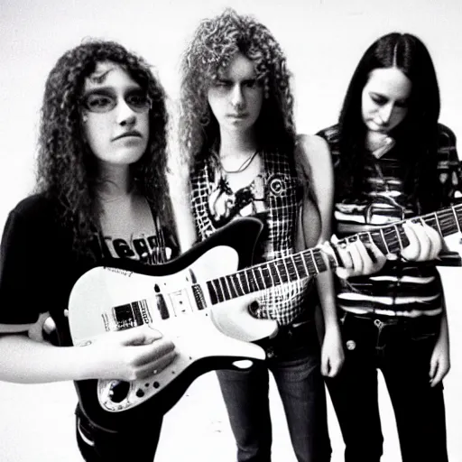 Image similar to Group of 19-year-old women holding electric guitars, long shaggy hair, stoner rock, punk rock, grunge rock, alternative rock, noise rock, Subpop, grunge, band promo photo, 1991 photograph