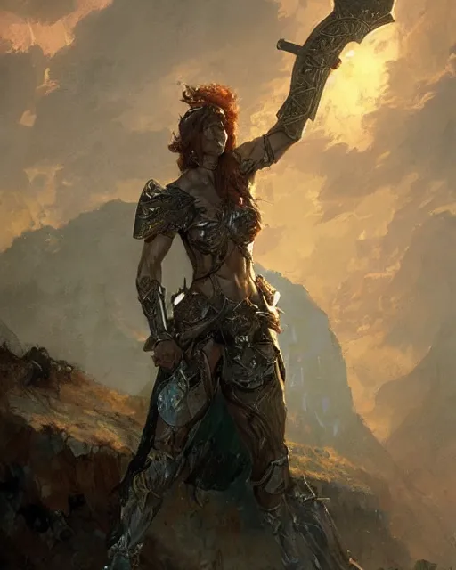 Prompt: a fierce and muscular warrior princess in full armor, fantasy character portrait by greg rutkowski, gaston bussiere, craig mullins