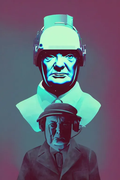 Prompt: full body winston churchill, blade runner 2 0 4 9, scorched earth, cassette futurism, modular synthesizer helmet, the grand budapest hotel, glow, digital art, artstation, pop art, by hsiao - ron cheng