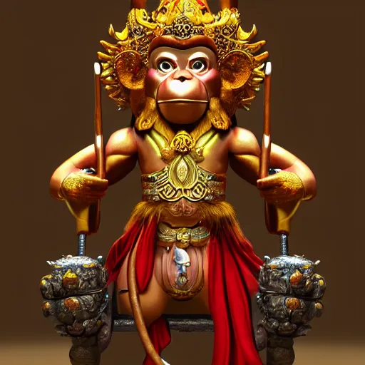 Image similar to monkey king godly lord of monkeys, wearing a crown, holding a staff, sitting in throne 8 k render high detail