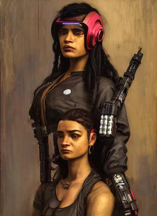 Prompt: Isabel igwe. cyberpunk mercenary wearing a cyberpunk headset and combat jumpsuit. (Cyberpunk 2077, bladerunner 2049). Iranian orientalist portrait by john william waterhouse and Edwin Longsden Long and Theodore Ralli and Nasreddine Dinet, oil on canvas. Cinematic, vivid colors, hyper realism, realistic proportions, dramatic lighting, high detail 4k